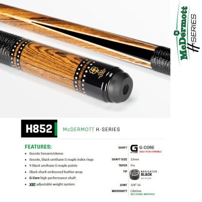 McDermott H852 Pool Cue with Bocote forearm, black urethane points, and shark-embossed leather wrap