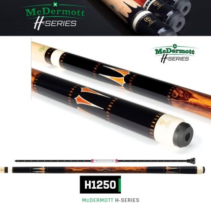 McDermott H1250 Pool Cue with black urethane forearm, cocobolo handle, and intricate inlays