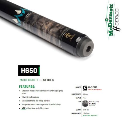 McDermott H650 Pool Cue with Birdseye maple forearm, light grey stain, and turquoise inlays