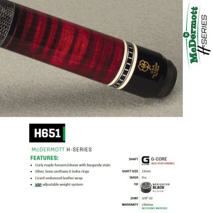 McDermott H651 Pool Cue with curly maple forearm, burgundy stain, and lizard-embossed leather wrap