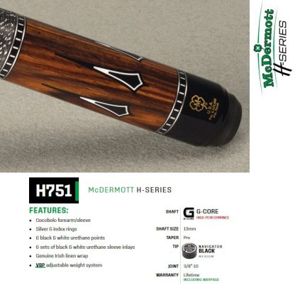 McDermott H751 Pool Cue with Cocobolo forearm, silver rings, and black and white urethane points