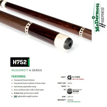 McDermott H752 Pool Cue with rosewood forearm, bone urethane rings, and dark brown leather wrap