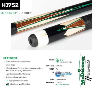 McDermott H1752 Pool Cue with snakewood and maple points on a black urethane forearm