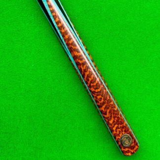 Premium Snakewood Snooker Cue with thick light blue veneer, AAA-grade North American ash shaft, and four secondary splices for superior balance and control.